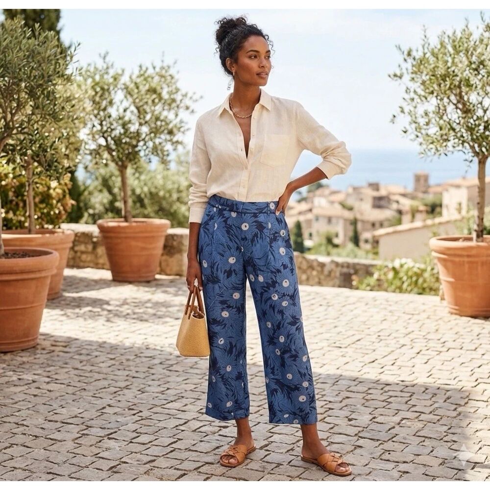 Anthropologie Elevenses Pants Womens 12 Lunar Mum Floral Crop Blue Career New - Picture 2 of 11